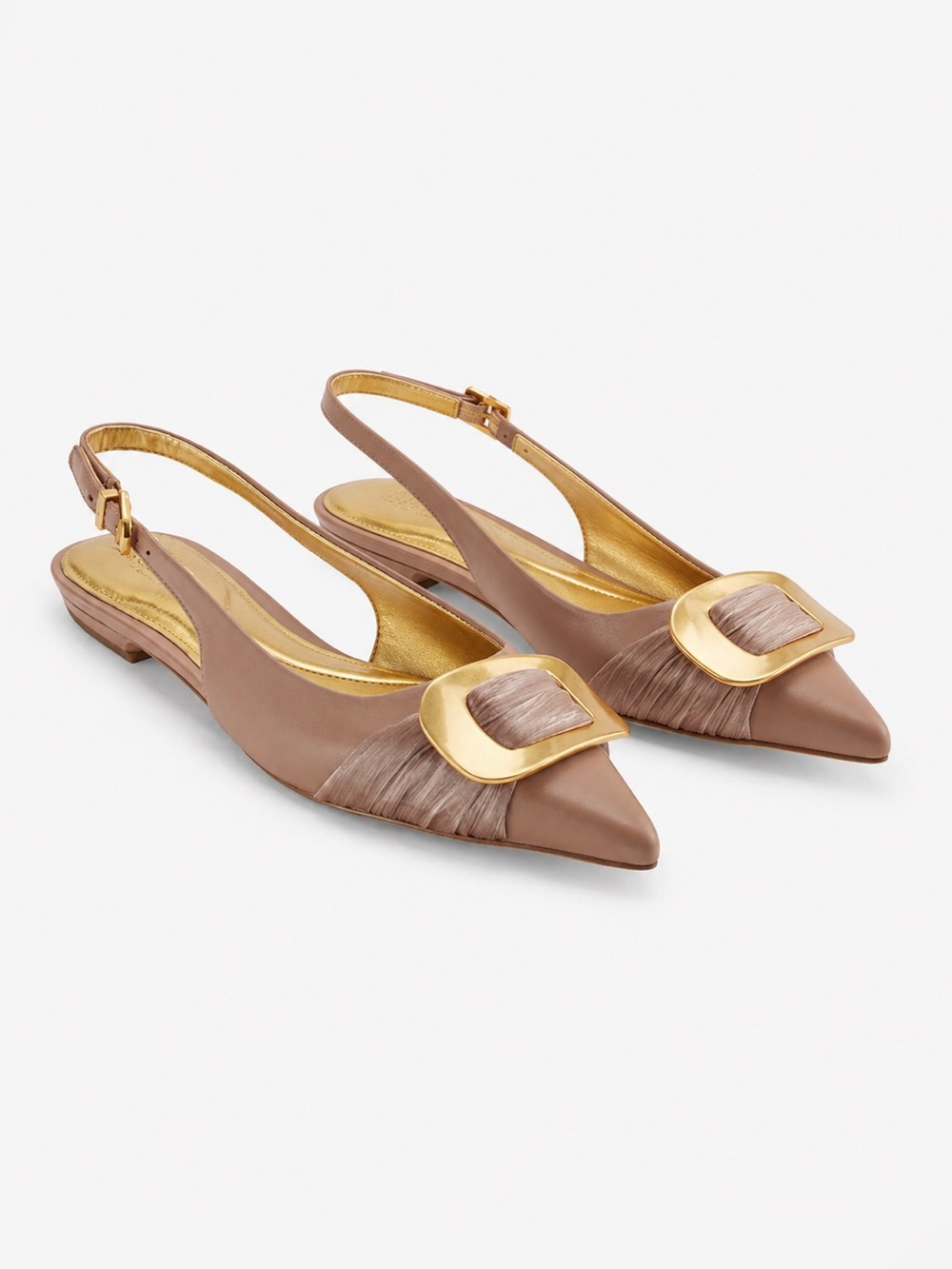 Donna Karan Elegant Pointed Toe Slingback Flats Buckle Detail Nude Gold 7.5
